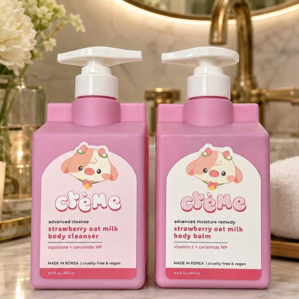 The Crème Shop Strawberry Oat Milk Body Cleanser & Balm Duo 16.9 oz New